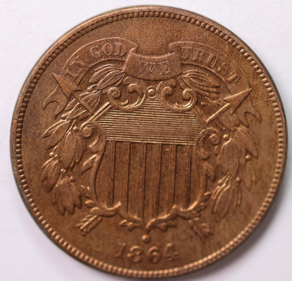 1864 Two Cent Piece., Brown Mint State., Uncirculated Coin., STORE #1884