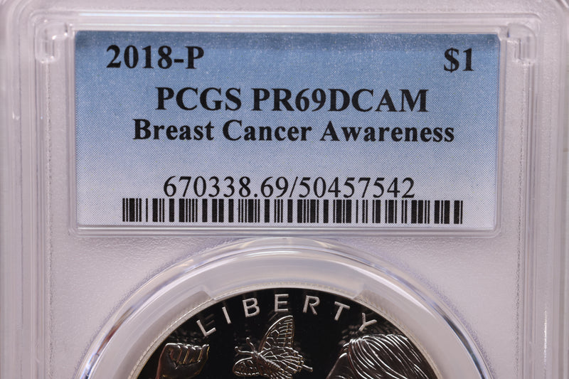 2018-P.,Breast Cancer Awareness, Silver Commemorative., PCGS PR-69.,