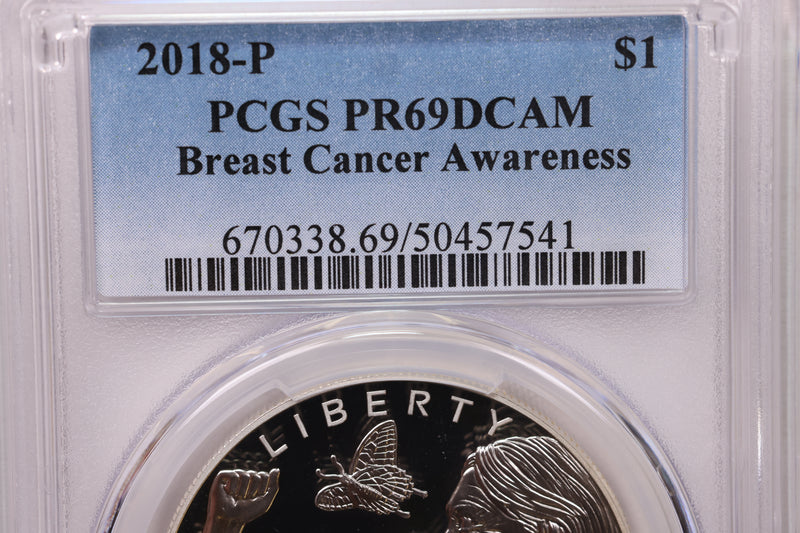 2018-P.,Breast Cancer Awareness, Silver Commemorative., PCGS PR-69.,