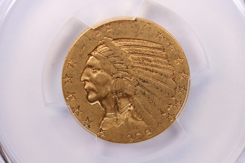 1908 $5 Gold Piece., 'HALF EAGLE'., PCGS VF-30.,  Store