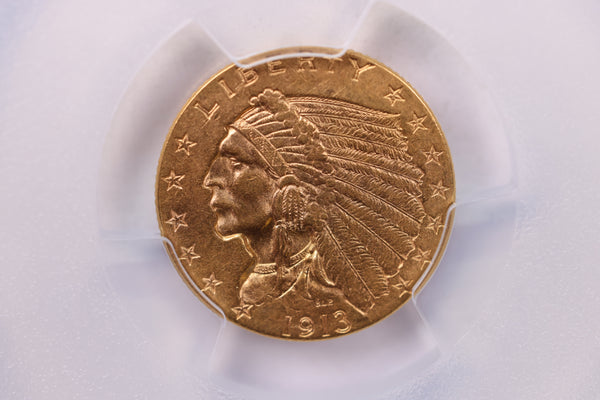 1913 $2.50 Gold Indian., 'QUARTER EAGLE'., PCGS AU-55., Store #1934