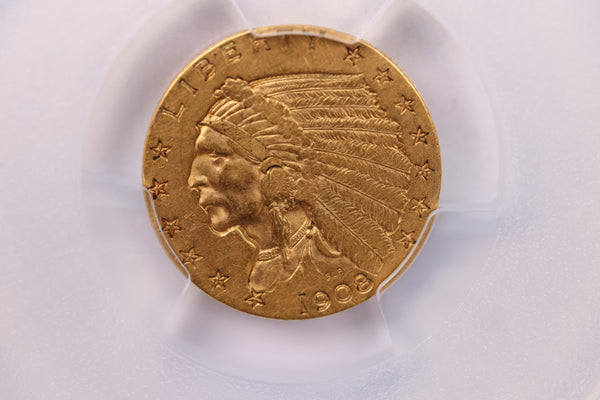 1908 $2.50 Gold Indian., 'QUARTER EAGLE'., PCGS XF-45., Store #1942