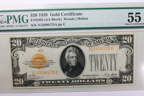 1928 $20., Gold Certificate., PMG AU-55., Store #1787