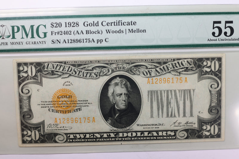 1928 $20., Gold Certificate., PMG AU-55., Store