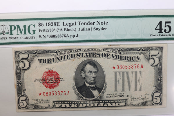 1928 E, $5., Legal Tender Note., *STAR NOTE*., PMG XF-45., Store #1790