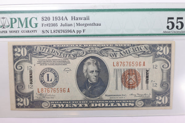 1934 A, $20 Federal Reserve Note., 'Hawaii', PMG AU-55., Store #1803