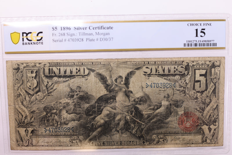 1896 $5., Silver Certificate., 'Educational Note'., PCGS F-15., Store