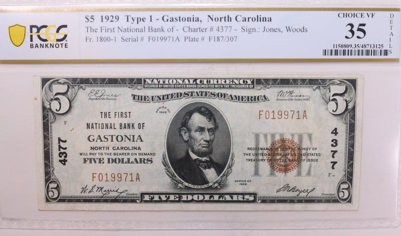 1929 $5., National Currency, "Gastonia, N.C.", PCGS VF-35., Store