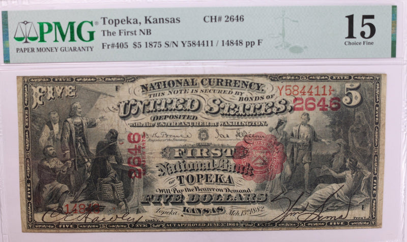 1875 $5., National Currency., "TOPEKA, KS"., PMG Fine-15., Store