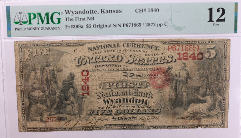 1871 $5., National Currency., "WYANDOTT, KS."., PMG Fine-12., Store