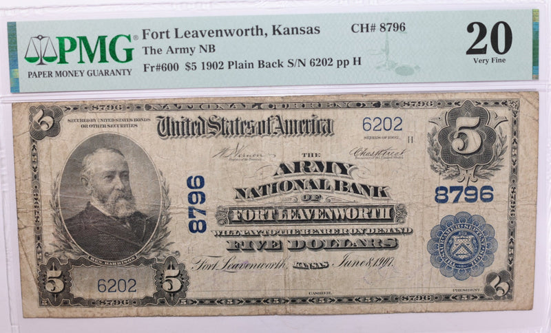 1902 $5., National Currency., "Fort Leavenworth, KS."., PMG VF-20., Store