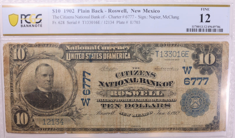 1902 $10., National Currency., "Roswell, N.M."., PCGS Fine-12., Store