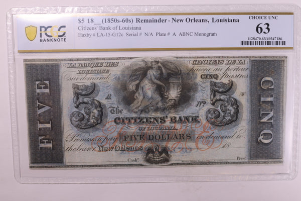 18__ $5., 'New Orleans, LA'., Obsolete, Remainder., PCGS CU-63., Store #GLA002