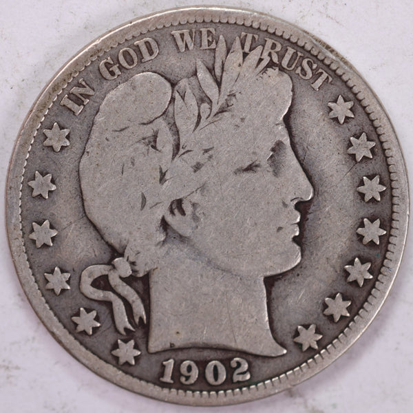 1902 Barber Half Dollar, Very Good Circulated Coin, Store #H902.03