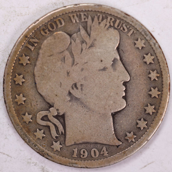 1904 Barber Half Dollar, Very Good Circulated Coin, Store #H904.02