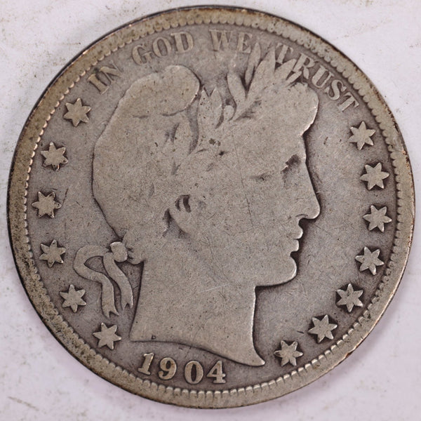 1904 Barber Half Dollar, Very Good Circulated Coin, Store #H904.03