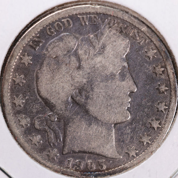 1905 Barber Half Dollar, Very Good Circulated Coin, Store #H905.01