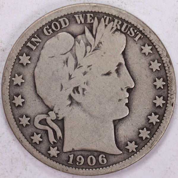 1906 Barber Half Dollar, Very Good Circulated Coin, Store #H906.01