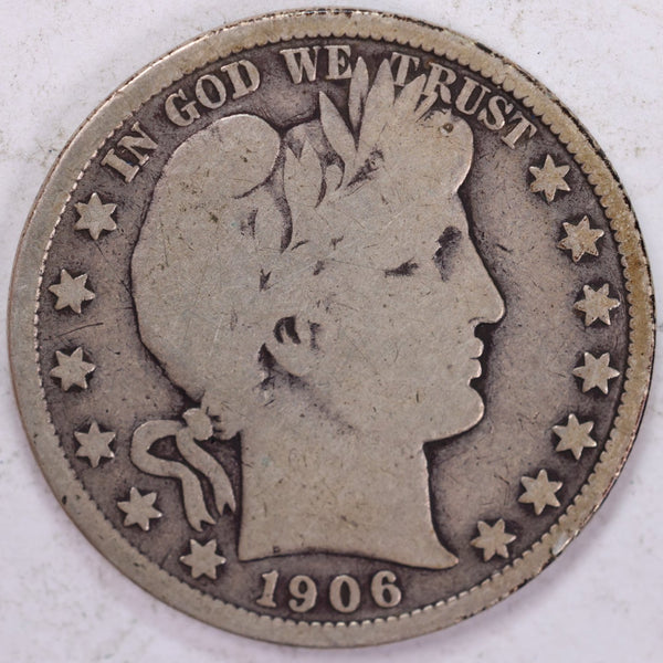 1906 Barber Half Dollar, Very Good Circulated Coin, Store #H906.02