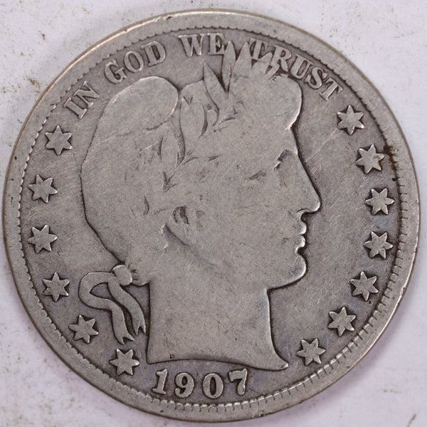 1907-D Barber Half Dollar, Very Good Circulated Coin, Store #H907D02