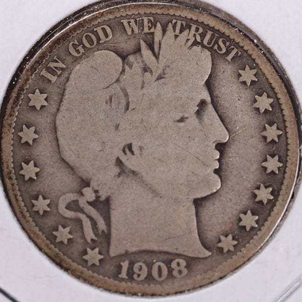 1908 Barber Half Dollar, Very Good Circulated Coin, Store #H908.01