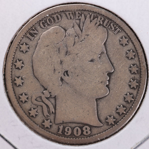 1908 Barber Half Dollar, Very Good Circulated Coin, Store #H908.04