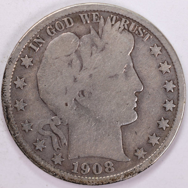 1908 Barber Half Dollar, Very Good Circulated Coin, Store #H908.09