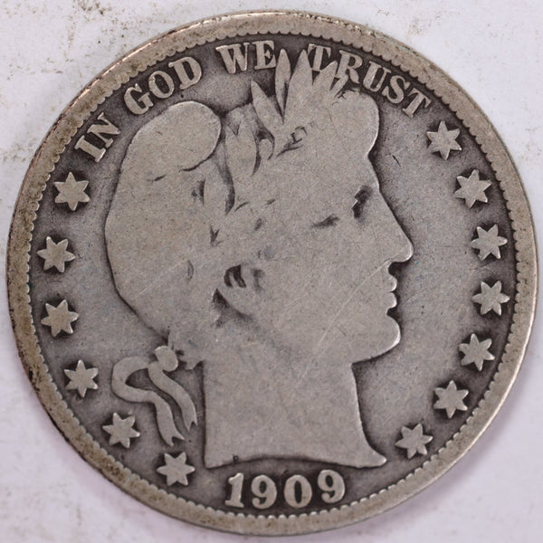 1909 Barber Half Dollar, Very Good, Circulated Coin, Store #H909.04