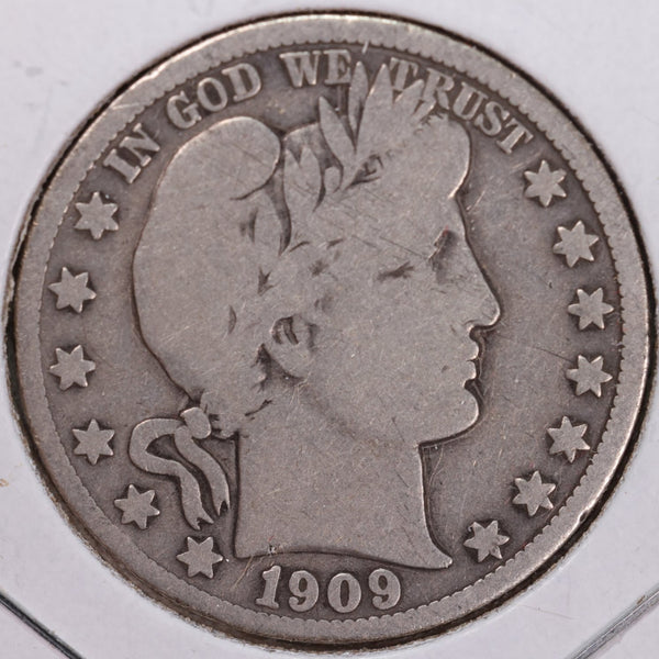 1909 Barber Half Dollar, Very Good, Circulated Coin, Store #H909.05