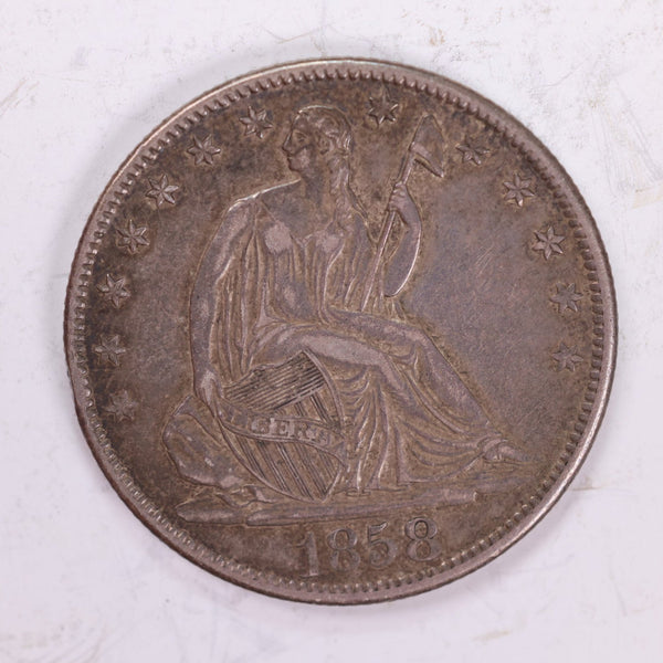 1858-O Seated Liberty Half Dollar., AU/Slider Circulated Coin., Store #2008