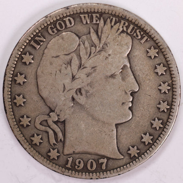 1907 Barber Half Dollar, Very Good Circulated Coin, Store #H907.09