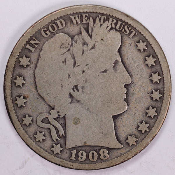 1908 Barber Half Dollar, Very Good Circulated Coin, Store #H908.10