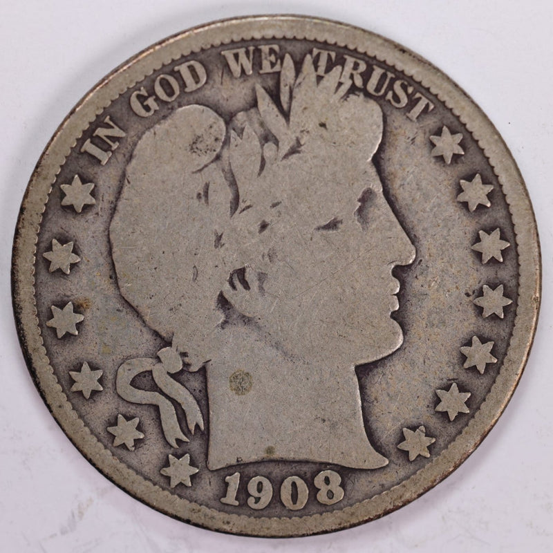 1908 Barber Half Dollar, Very Good Circulated Coin, Store