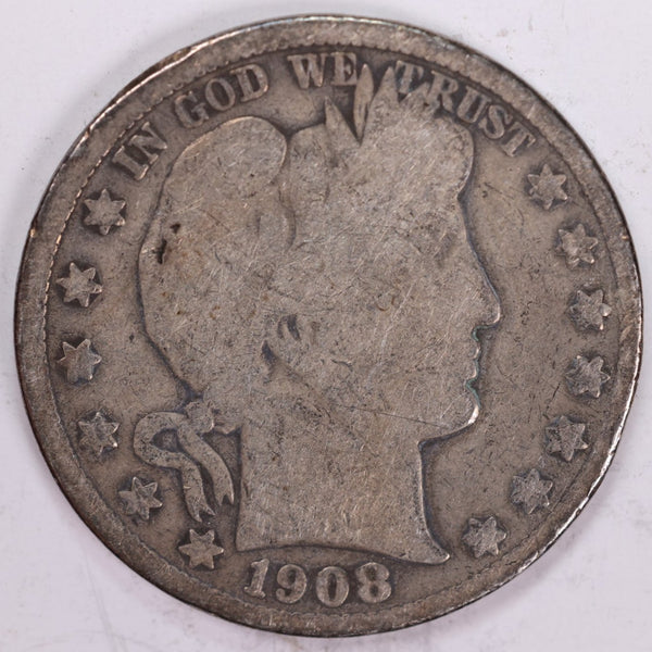 1908-D Barber Half Dollar, About Good Circulated Coin, Store #H908D13