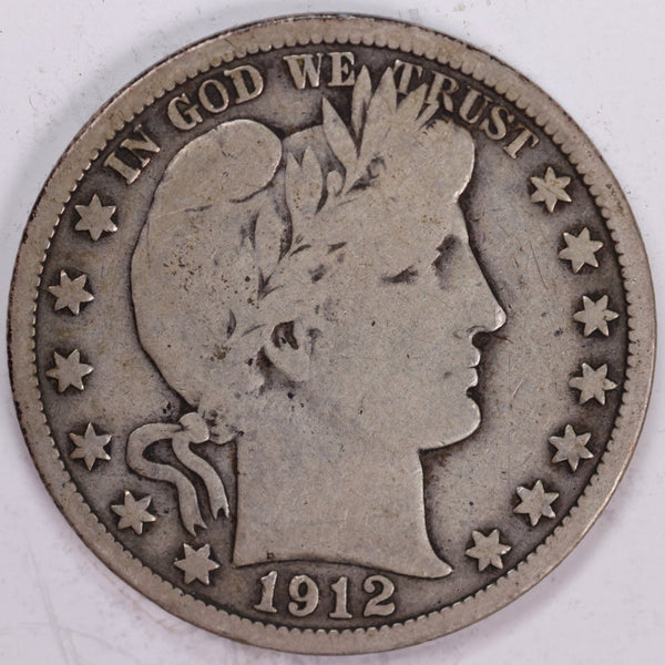 1912 Barber Half Dollar, Very Good Circulated Coin, Store #H912.03