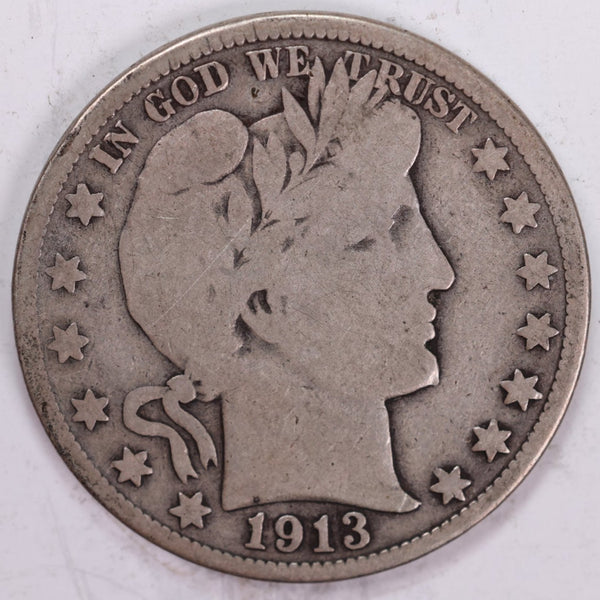 1913 Barber Half Dollar, Very Good Circulated Coin, Store #H913.01