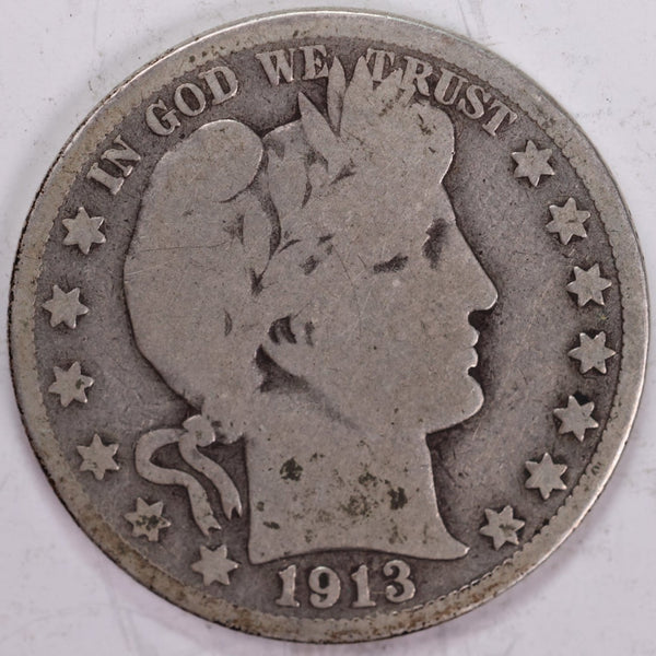 1913 Barber Half Dollar, Very Good Circulated Coin, Store #H913.02