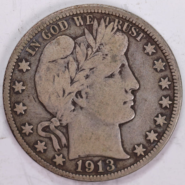 1913 Barber Half Dollar, Almost Fine Circulated Coin, Store #H913.03