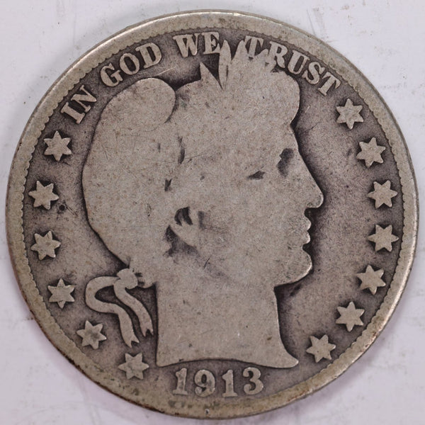 1913-D Barber Half Dollar, Very Good Circulated Coin, Store #H913D01