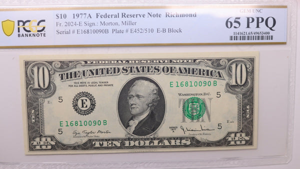 1977 A, $10 Federal Reserve Note., PCGS CU-65, PPQ., Store #2049