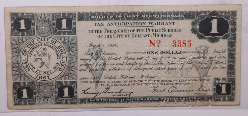 1933 $1, Holland, MI School District., Obsolete Note., Store