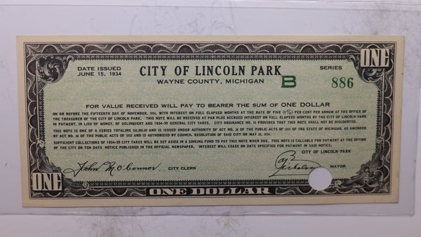 1934 $1, Lincoln Park, Mich., Obsolete Note., Store #2057