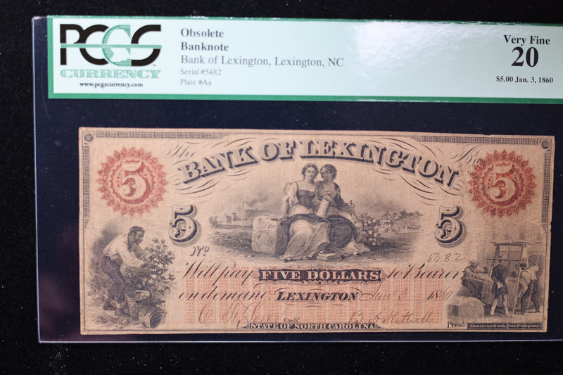 1860 $5 Bank of Lexington, Lexington, NC., PCGS VF-20., STORE