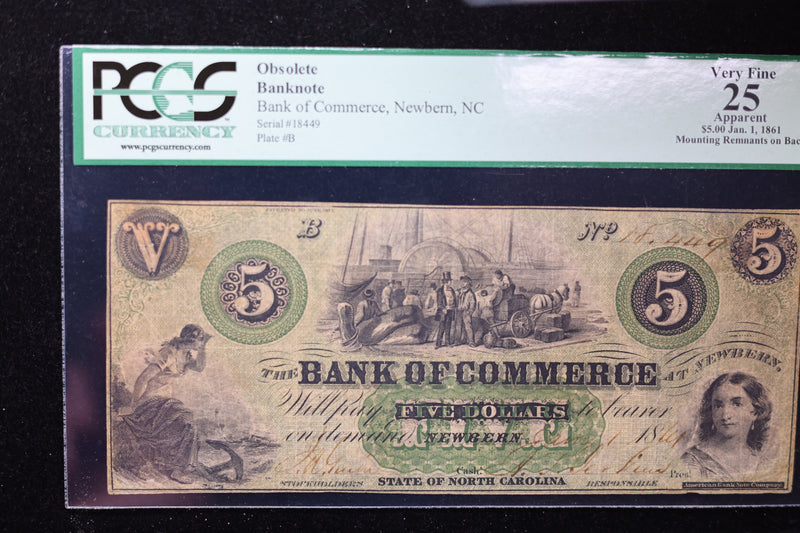 1861 $5., Bank of Commerce., NEWBERN, NC., PCGS VF-25., Sale