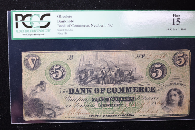 1861 $5., Bank of Commerce., New Bern, N.C., PCGS F-15., Store