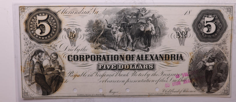 18__ $5, ALEXANDRIA, VA., PROOF., Obsolete Currency., Store