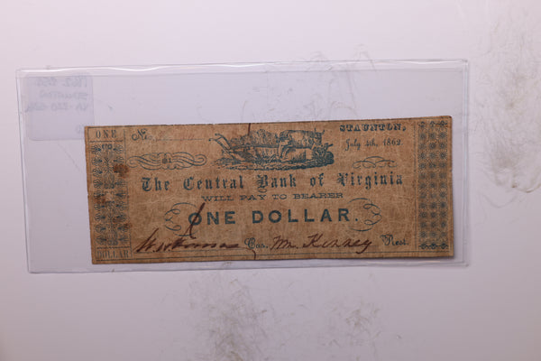 1862 $1, Central Bank of Virginia, STAUNTON., Obsolete Currency., Store #2129