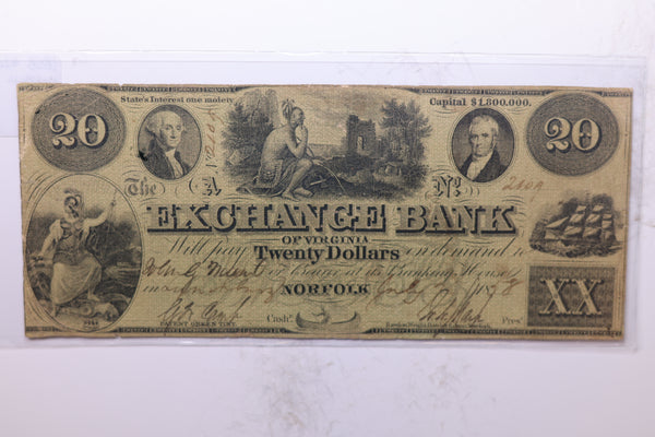 1858 $20, Exchange Bank of Norfolk, VA., Obsolete Currency., Store #2130