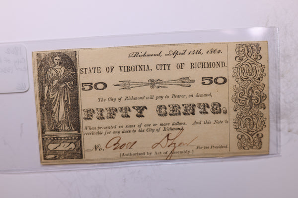 1862 50 Cent, The City of Richmond, VA., Obsolete Currency., Store #2146