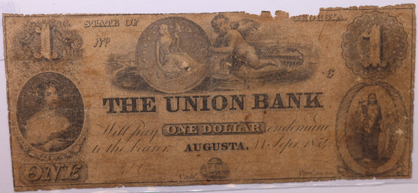 1854 $1, UNION BANK., AUGUSTA, GA., Obsolete Currency., Store #GA003.